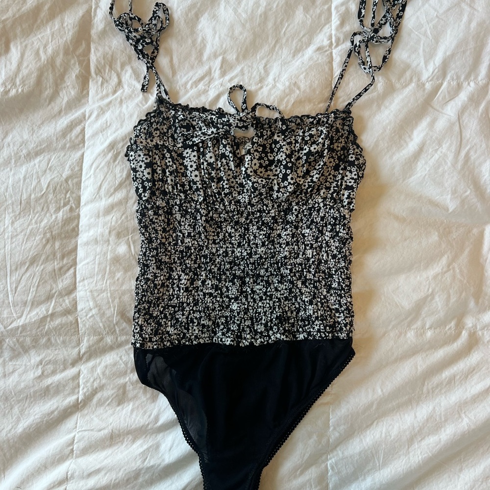 Free People Black and White Floral Bodysuit